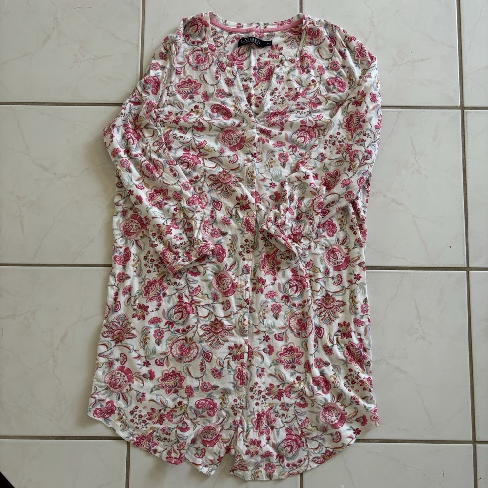 Lauren Ralph Lauren Pink Floral Sleep Shirt Women Sz M Button Closure 3/4 Sleeve